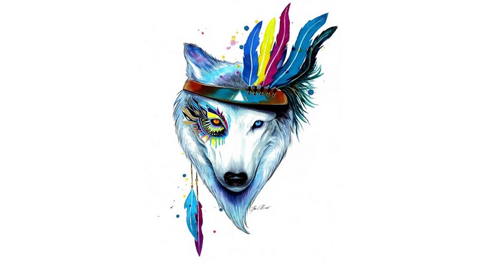 Tribal Wolf with Colorful Feathers and War Paint