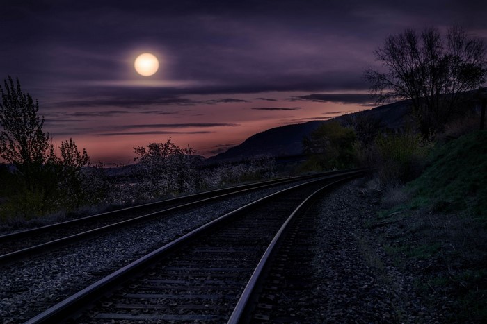 Railway tracks under the moon at night