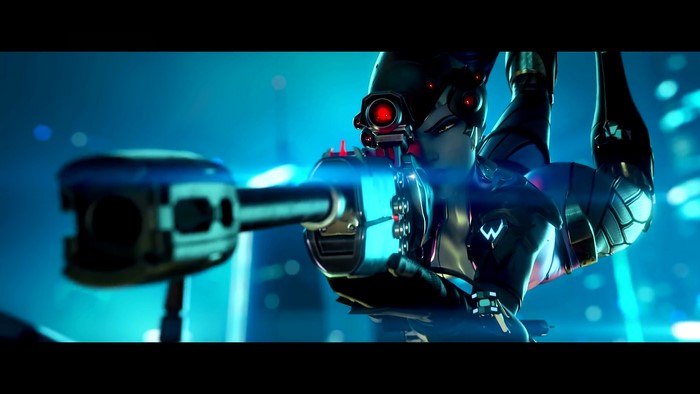 Widowmaker from Overwatch aiming her sniper rifle