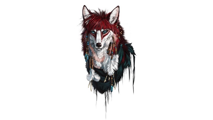 Artistic depiction of a red and white wolf with feathers