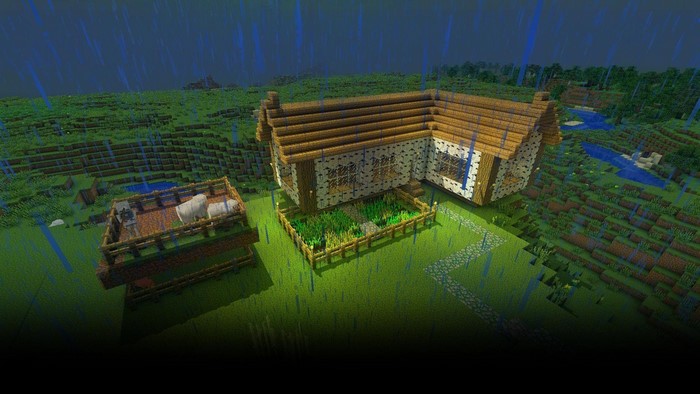 Minecraft cottage with farm and sheep in the rain