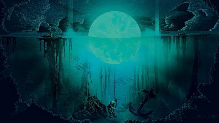 Underwater Cave with Diver and Moon by Derek Rudy