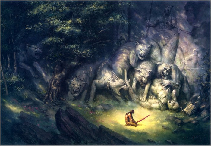 Fantasy warrior with sword facing wolves in a forest