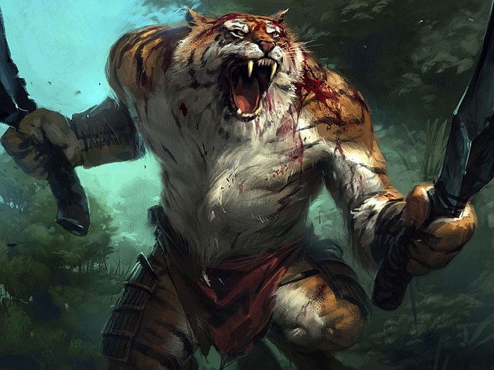 Bloody anthropomorphic tiger warrior with swords in forest