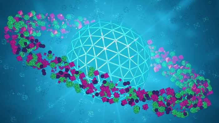 Abstract 3D render of geometric shapes around a sphere