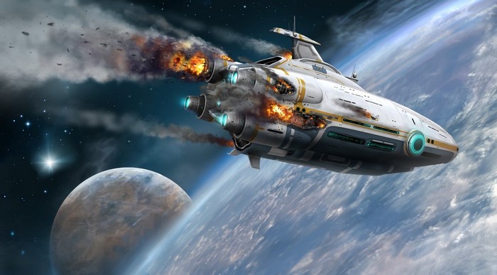 Futuristic Spaceship in Outer Space Battle Damage