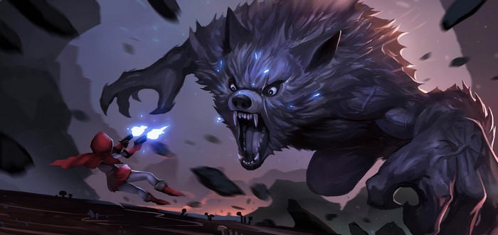Red Riding Hood fighting a giant werewolf