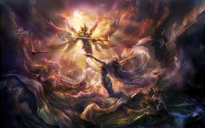 Angel with sword fighting over stormy seas