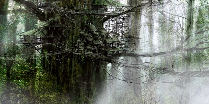Fantasy treehouse village in a misty forest