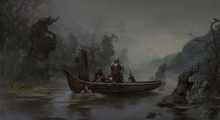 Fantasy boat journey through a misty swamp with undead