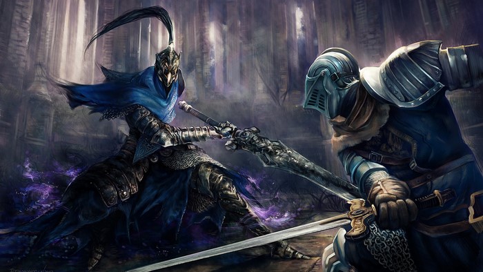 Art of two knights fighting with swords