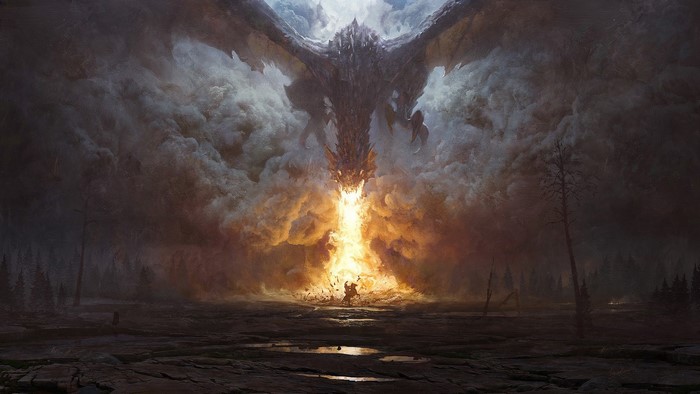 Dragon breathing fire on a knight in a forest