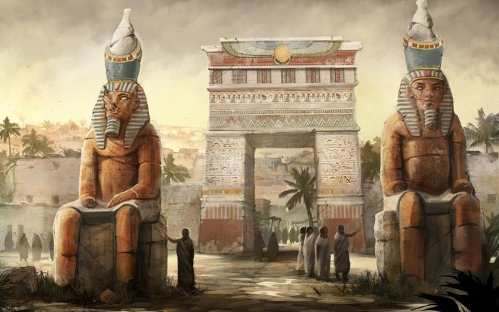Ancient Egyptian statues and archway with people