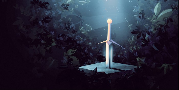 Fantasy art of Excalibur sword in a forest