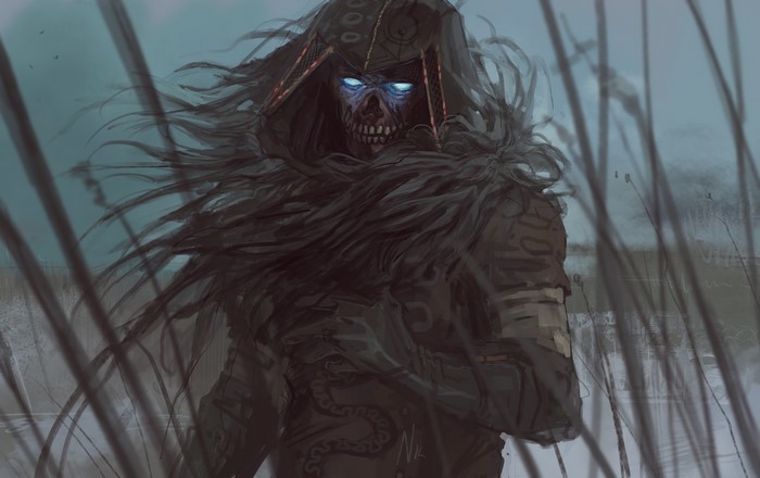 Demon with glowing eyes in a dark fantasy landscape