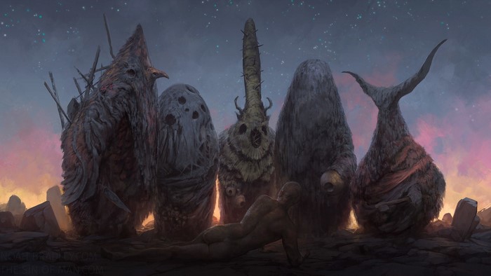 Fantasy art of strange monolithic figures and a human figure