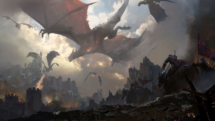 Dragons attacking a castle with knights on horseback