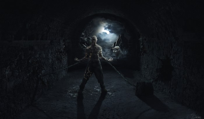 Man chained in dark tunnel with werewolf and moon