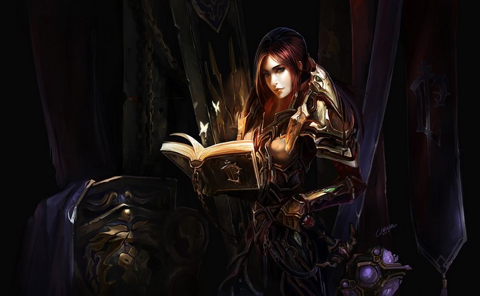 Woman in armor reading a book