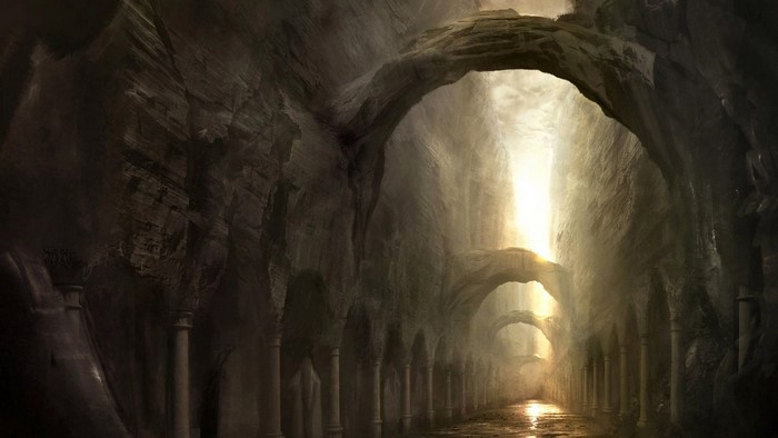Fantasy cave architecture with sunlight