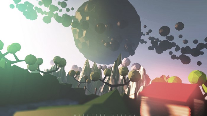 Low poly 3D planet with floating asteroids over landscape
