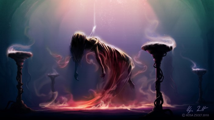 Woman levitating in a mystical ritual with smoking altars