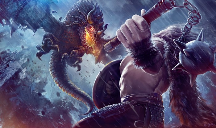 Warrior fighting a dragon with a mace and shield