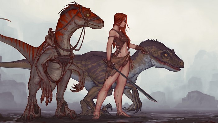Woman with raptors from Ark: Survival Evolved