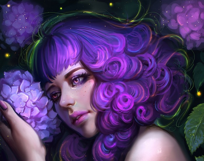Woman with purple hair and purple eyes near purple flowers