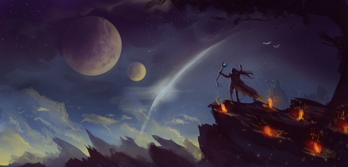Fantasy space landscape with planets and a figure on a cliff
