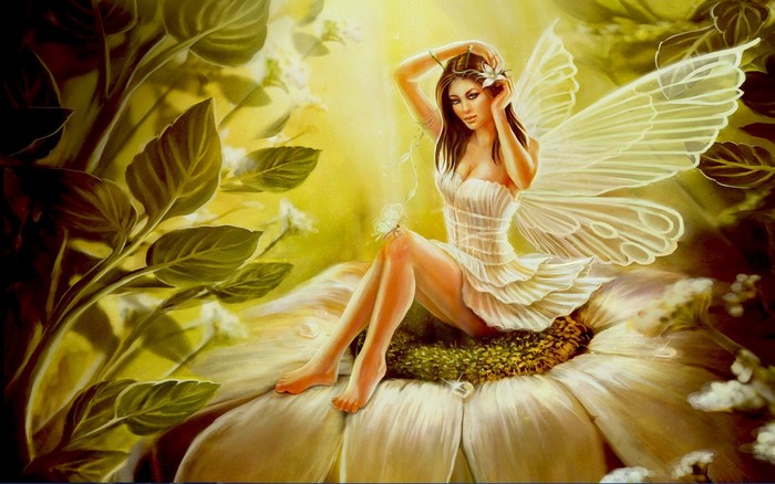 Fairy sitting on a large white flower with wings