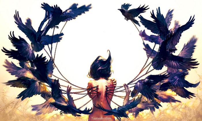 Woman chained to flying crows