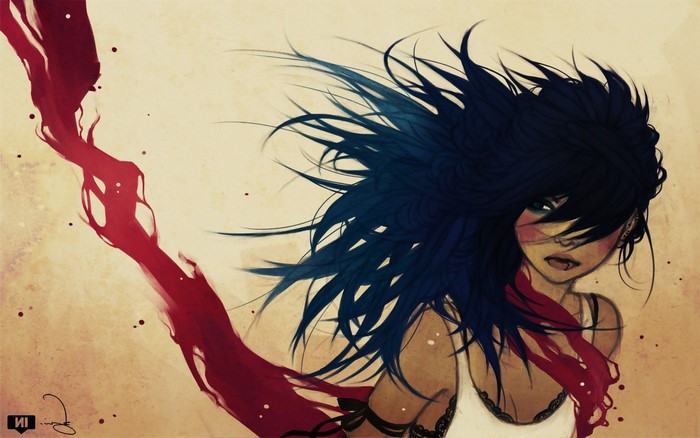 Anime girl with dark hair and red scarf
