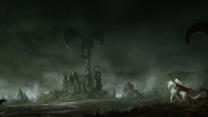 Fantasy art of a warrior on a white horse near a dark castle
