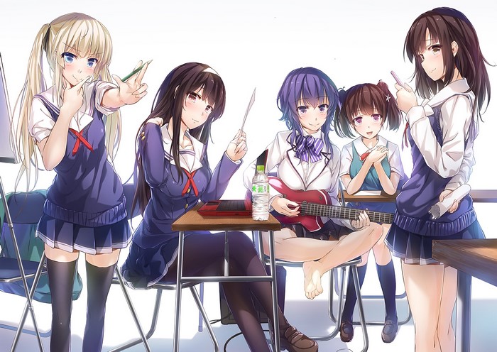 Anime girls in school uniforms in a classroom