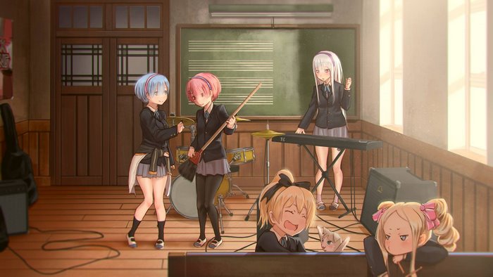 Anime girls from Re:Zero in a music room