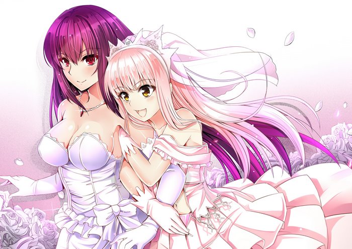 Medb and Scathach from Fate/Grand Order in wedding dresses