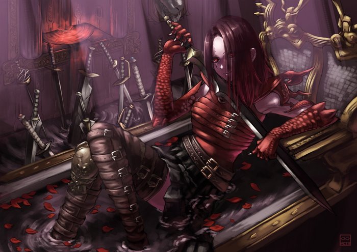 Anime warrior with swords and roses