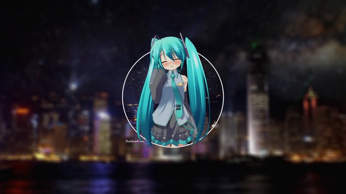 Hatsune Miku from Vocaloid in front of a city skyline