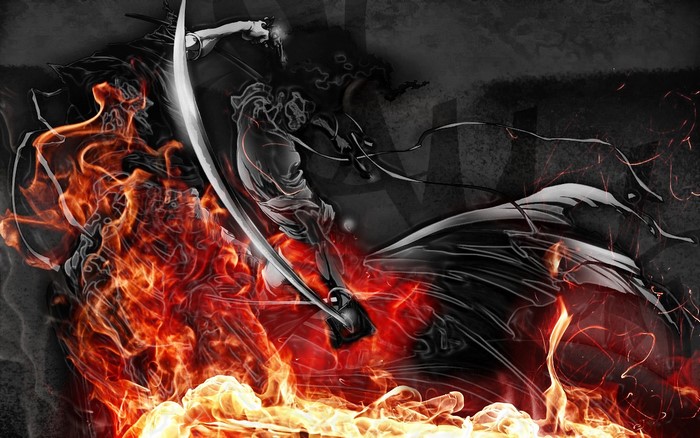 Afro Samurai in flames with sword