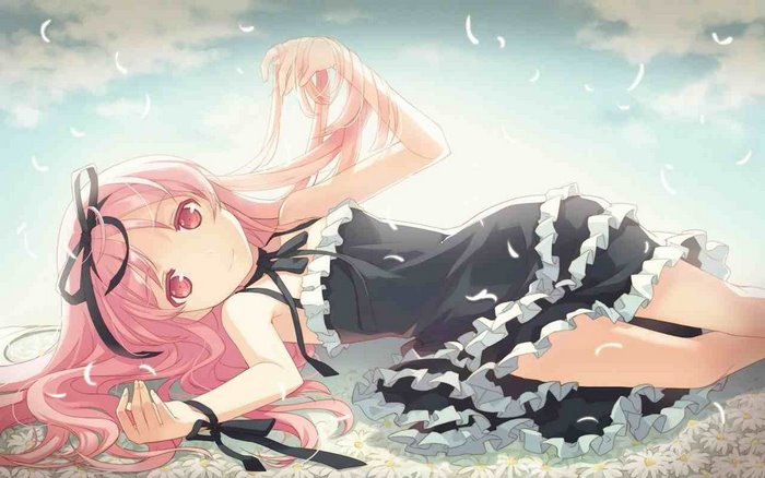 Anime girl with pink hair and eyes in a black dress