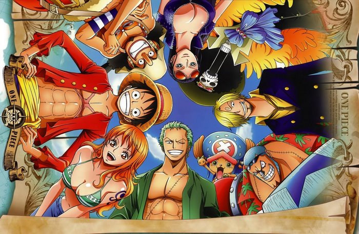 One Piece characters: Luffy, Zoro, Nami, Usopp, Robin, Sanji, Chopper, Franky, Brook