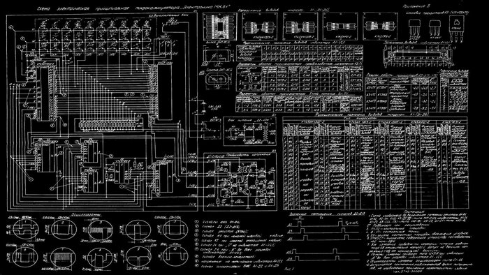 Electronic circuit diagram with waveforms and component tables