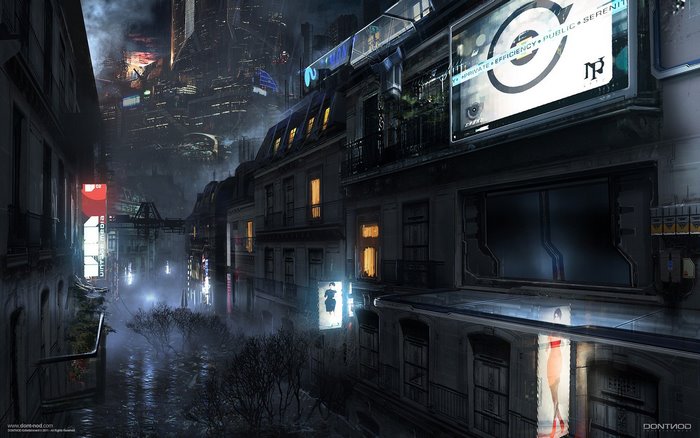 Futuristic city street with neon signs and reflections