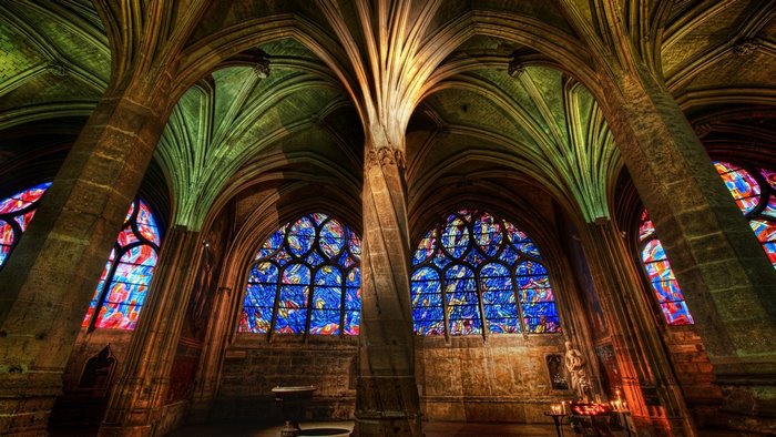 Gothic Cathedral Interior with Stained Glass Windows