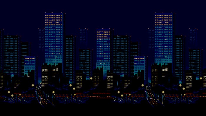 Pixel art cityscape at night with glowing windows