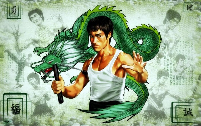 Bruce Lee with Green Dragon Illustration