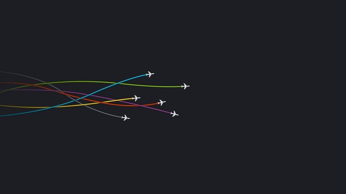 Minimalist airplanes with colorful trails on dark background