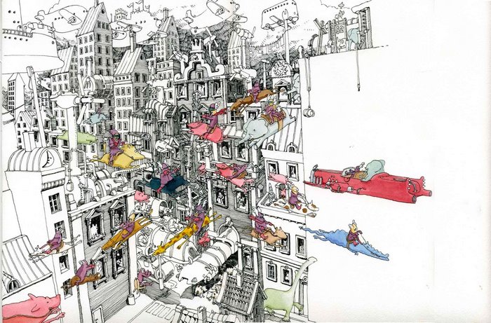 Fantasy city with flying creatures and people