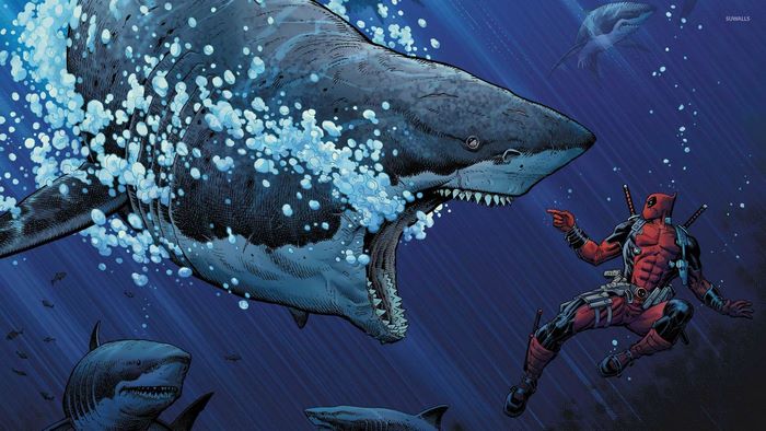 Deadpool fighting sharks in the ocean